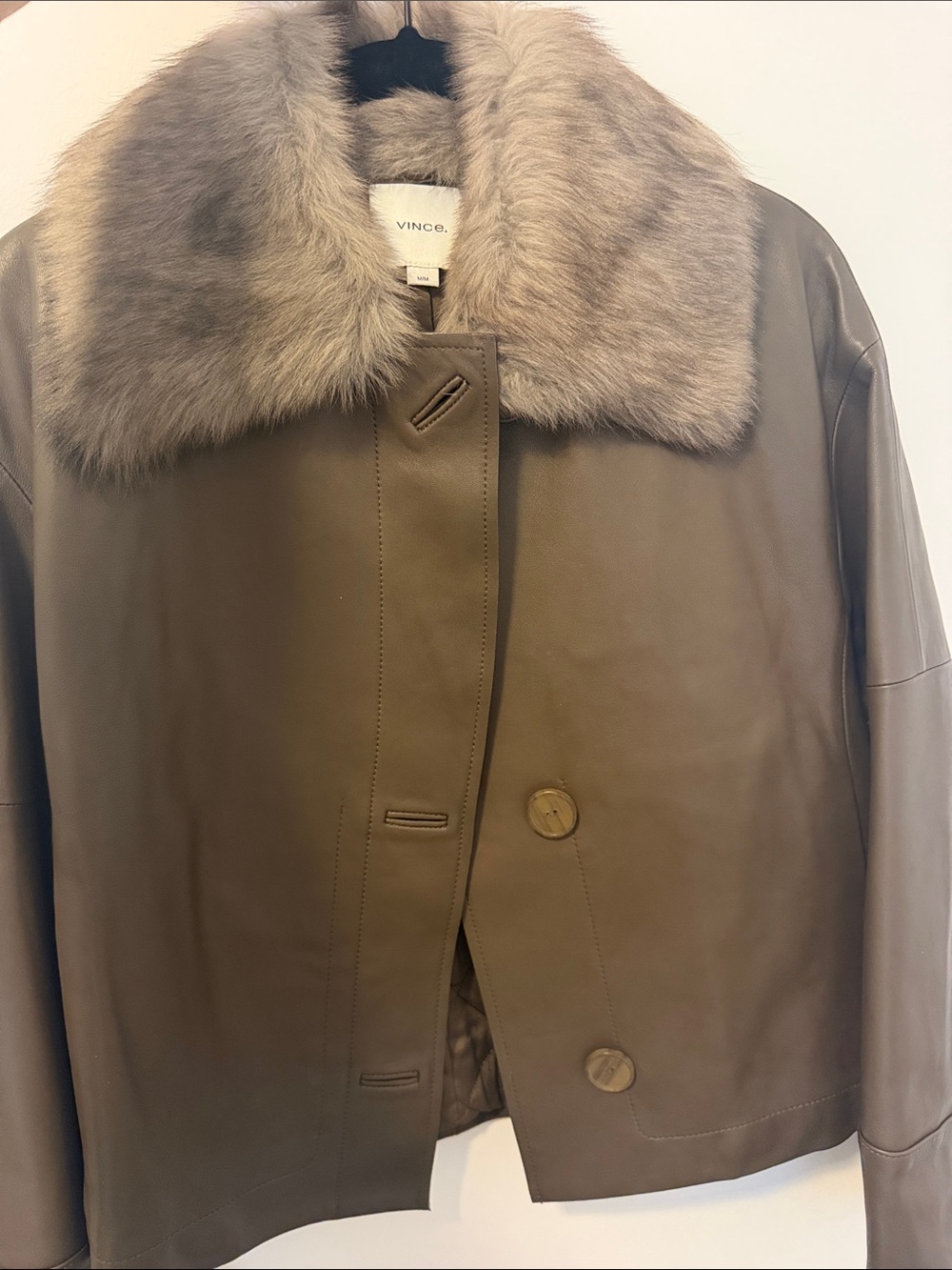 Vince Taupe-Brown Leather Jacket with Fur Collar